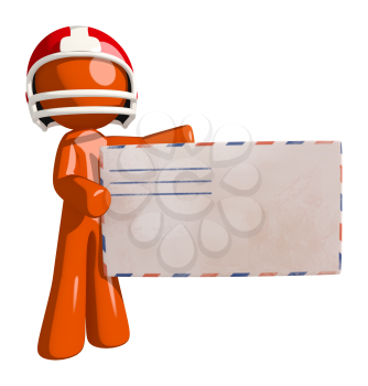 Football player orange man holding a large envelope while looking at the audience.