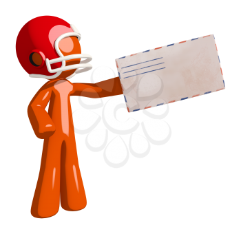 Football player orange man delivering letter or envelope