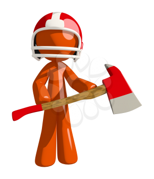 Football player orange man holding large ax