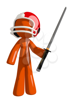 Football player orange man a ninja sword posed and ready for action in that familiar hero stance.