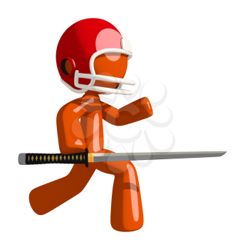Football player orange man holding a ninja sword slicing through the competition.