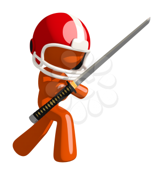 Football player orange man holding a ninja sword standing in a threatening defense pose.