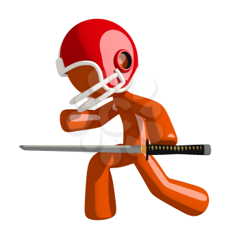Football player orange man holding a ninja sword stabbing the competition.