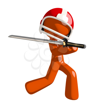 Football player orange man holding a ninja sword either posing defensively or cutting his own throat.