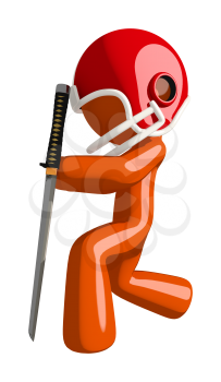 Football player orange man holding a ninja sword kneeling in respectful pose.