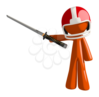 Football player orange man player holding a ninja sword pointing with his sword.