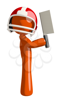 Football player orange man posing with a meat cleaver. The startling question is, what will he do to win?