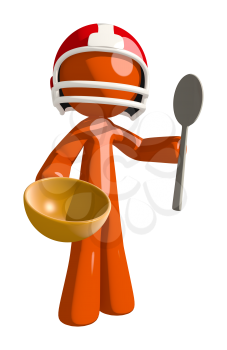 Football player orange man holding a bowl and a spoon