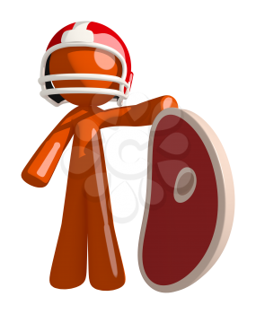 Football player orange man holding a giant steak. I don't know why. He might need the protein to keep in shape.