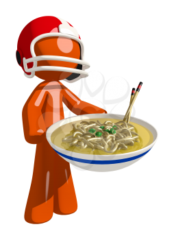 Football player orange man presenting a large bowl of noodles.