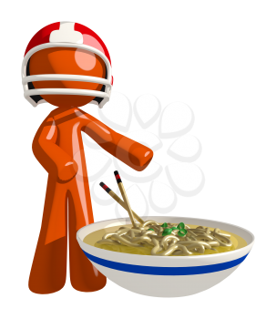 Football player orange man ready to eat a large bowl of noodles or saimin.