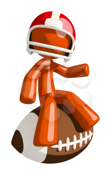 Football player orange man sitting on a giant football waving at the audience.