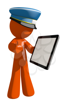 Orange Man postal mail worker  Showing Electronic Computer Tablet to Viewer