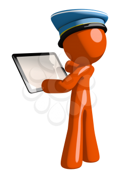 Orange Man postal mail worker  Viewing Tablet Computer Back View Blank Space