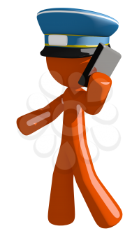 Orange Man postal mail worker  Talking on PDA Phone