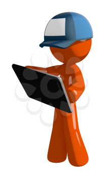 Orange Man postal mail worker  Holding Tablet or Computer Device