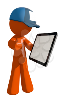 Orange Man postal mail worker  Showing Electronic Computer Tablet to Viewer