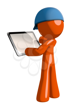 Orange Man postal mail worker  Viewing Tablet Computer Back View Blank Space