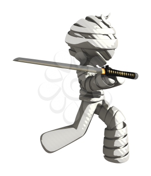 Mummy or Personal Injury Concept Posing Defensively with Ninja Sword
