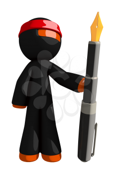 Orange Man Ninja Warrior Holding Giant Fountain Pen
