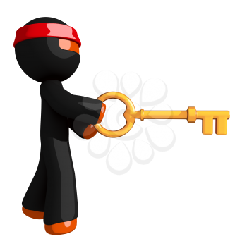 Orange Man Ninja Warrior Using  Large Gold Key