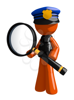 Orange Man police officer  Standing with Magnifying Glass