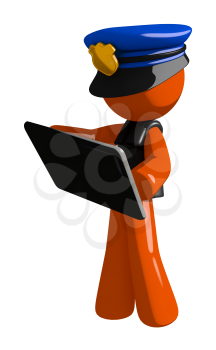Orange Man police officer  Holding Tablet or Computer Device