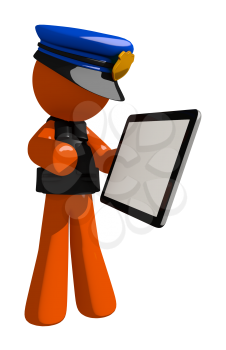 Orange Man police officer  Showing Electronic Computer Tablet to Viewer