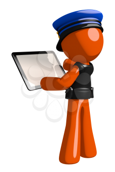 Orange Man police officer  Viewing Tablet Computer Back View Blank Space