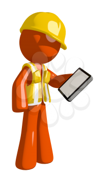 Orange Man Construction Worker  Holding PDA