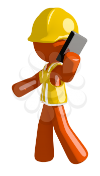 Orange Man Construction Worker  Talking on PDA Phone