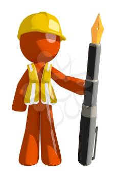 Orange Man Construction Worker  Holding Fountain Pen