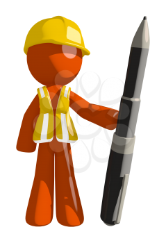 Orange Man Construction Worker  Holding Giant Pen