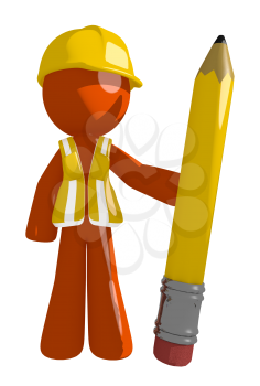 Orange Man Construction Worker  Holding Giant Pencil