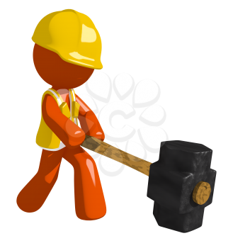 Orange Man Construction Worker  Hitting with Sledge Hammer