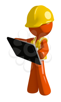 Orange Man Construction Worker  Holding Tablet or Computer Device