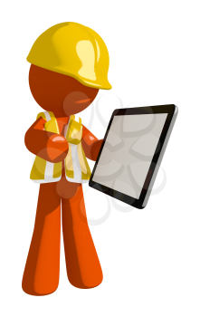 Orange Man Construction Worker Showing Electronic Computer Tablet to Viewer