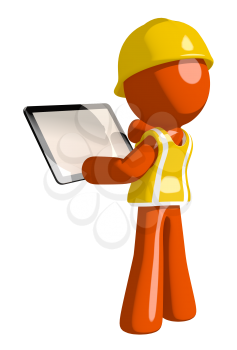 Orange Man Construction Worker  Viewing Tablet Computer Back View Blank Space