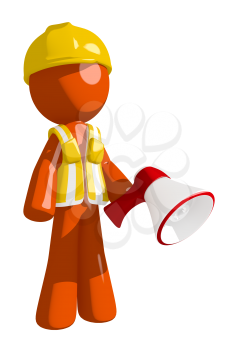 Orange Man Construction Worker  Holding Megaphone and Standing