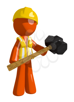Orange Man Construction Worker  Man Holding Giant Sledge Hammer