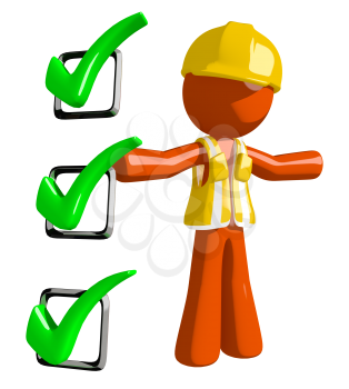 Orange Man Construction Worker  Presenting Green Checkmark List