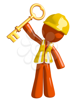 Orange Man Construction Worker  Holding Up Key to Success