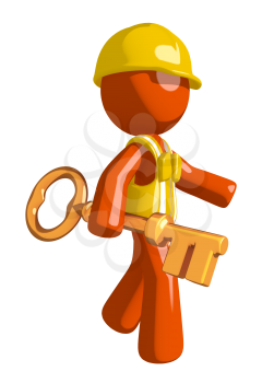 Orange Man Construction Worker  Walking with Gold Key