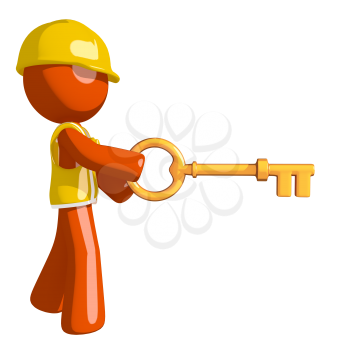 Orange Man Construction Worker  Inserting Key