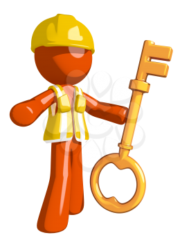 Orange Man Construction Worker  Holding Key