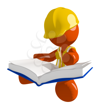Orange Man Construction Worker  Sitting Reading Big Book