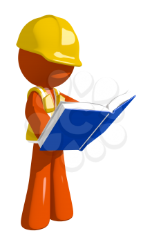 Orange Man Construction Worker  Standing Reading Book