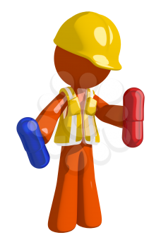 Orange Man Construction Worker  Holding Pills