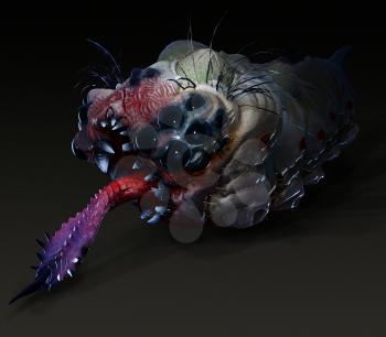 Parasitic grub worm alien with stinging tongue side view dark saturated color