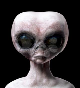 Grey alien portrait front view isolated on black